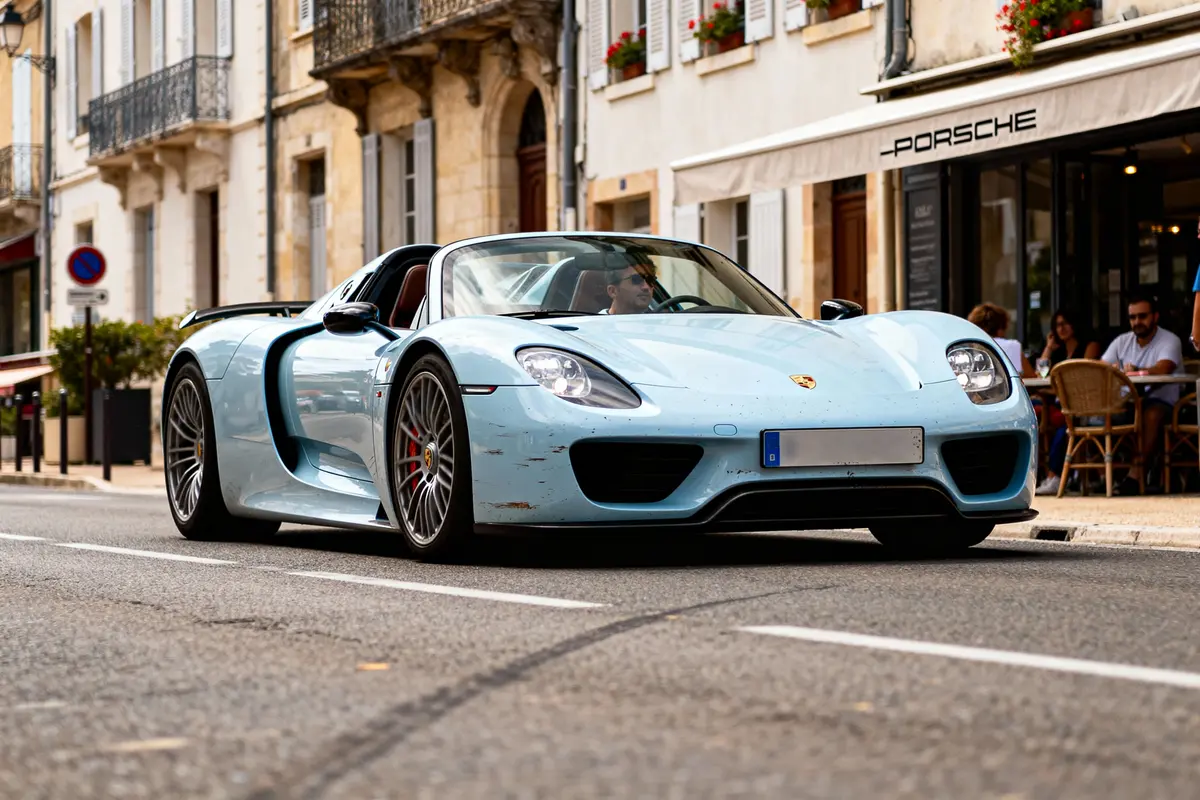 Voiture de sport bleue décapotable roulant en ville, passants assis à une terrasse de café.