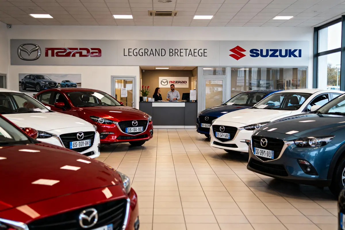 Concessionnaire avec voitures Mazda et Suzuki, accueil au centre, enseignes murales et voitures exposées devant.