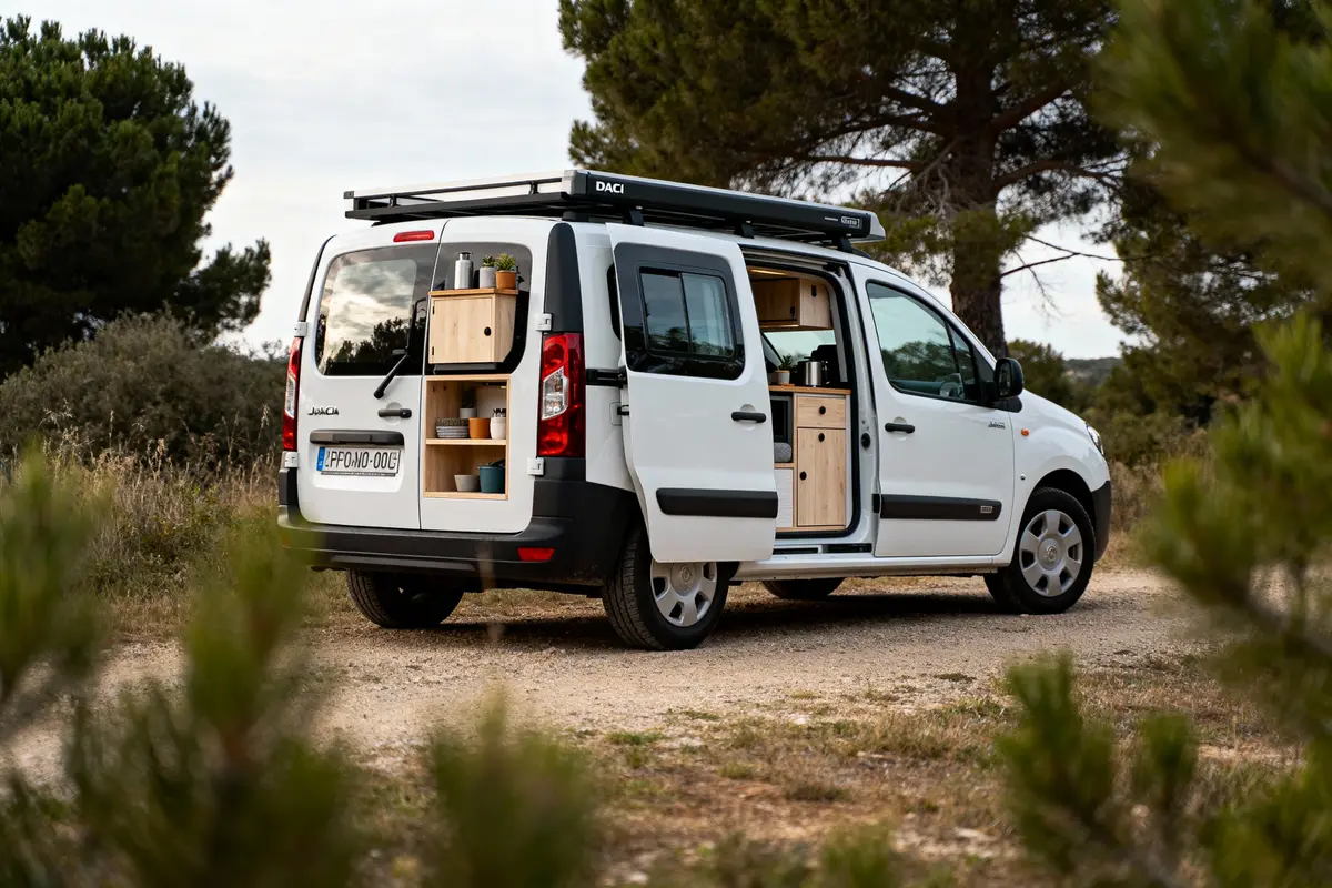 Van blanc aménagé avec porte ouverte, étagères visibles, entouré de nature, arbres en arrière-plan, ambiance camping.