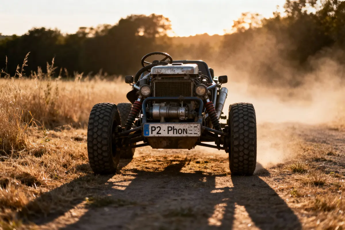 Buggy tout-terrain roulant sur chemin poussiéreux, herbes sèches autour, sous lumière dorée du coucher de soleil.