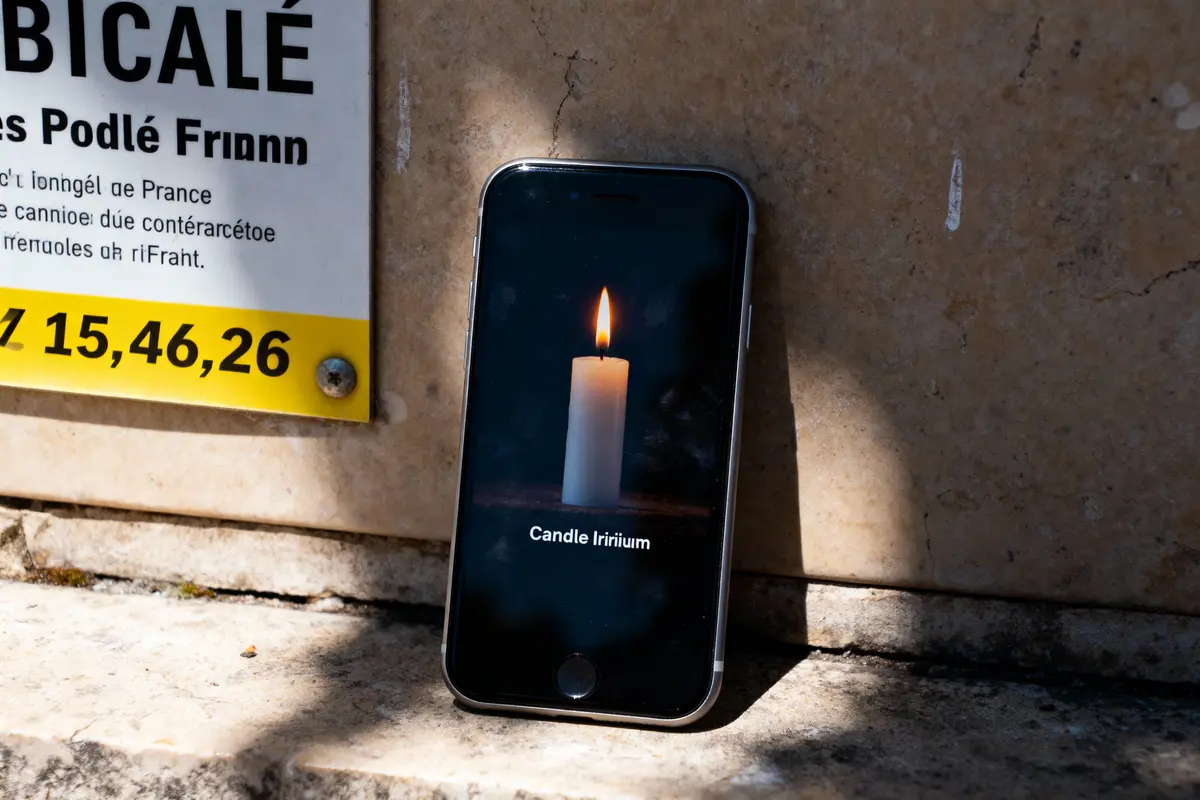 Smartphone affichant une bougie allumée, posé contre un mur de pierre à côté d'un panneau avec texte.