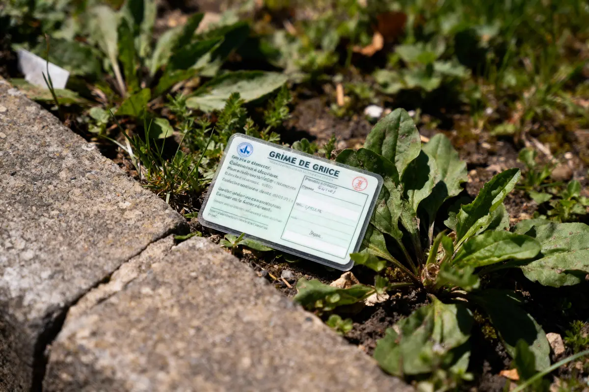 Carte d’étudiant posée sur le sol près d'un trottoir, entourée de plantes vertes.