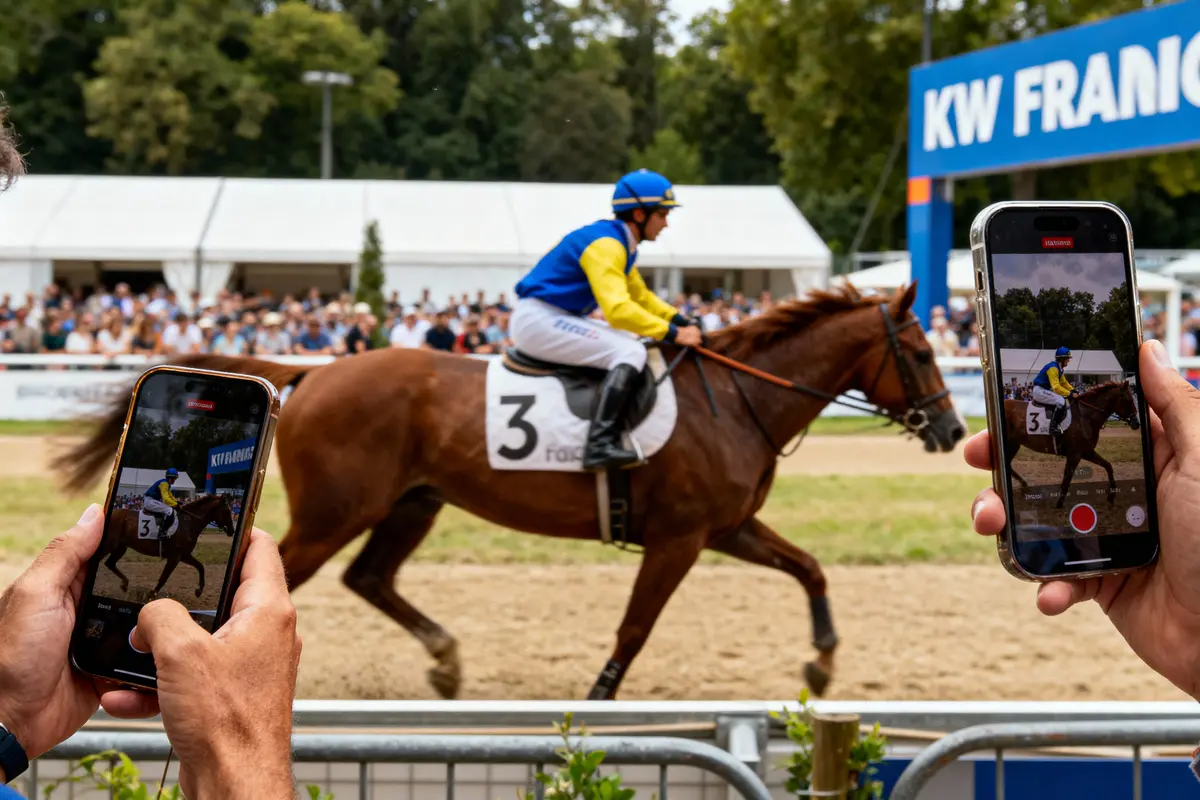 Jockey sur cheval brun numéro 3, photographié par spectateurs, foule en arrière-plan, évènement équestre extérieur.