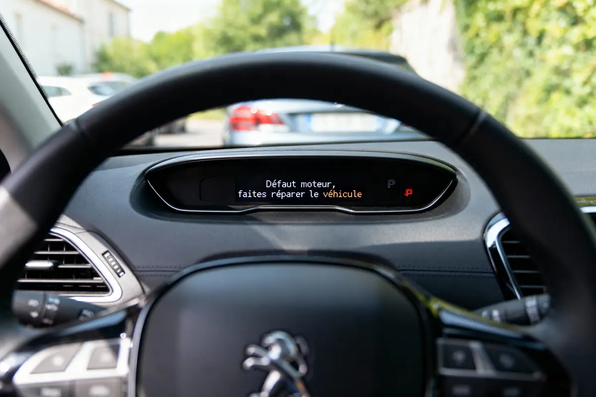 Tableau de bord de voiture Peugeot avec message d'erreur "Défaut moteur, faites réparer le véhicule".