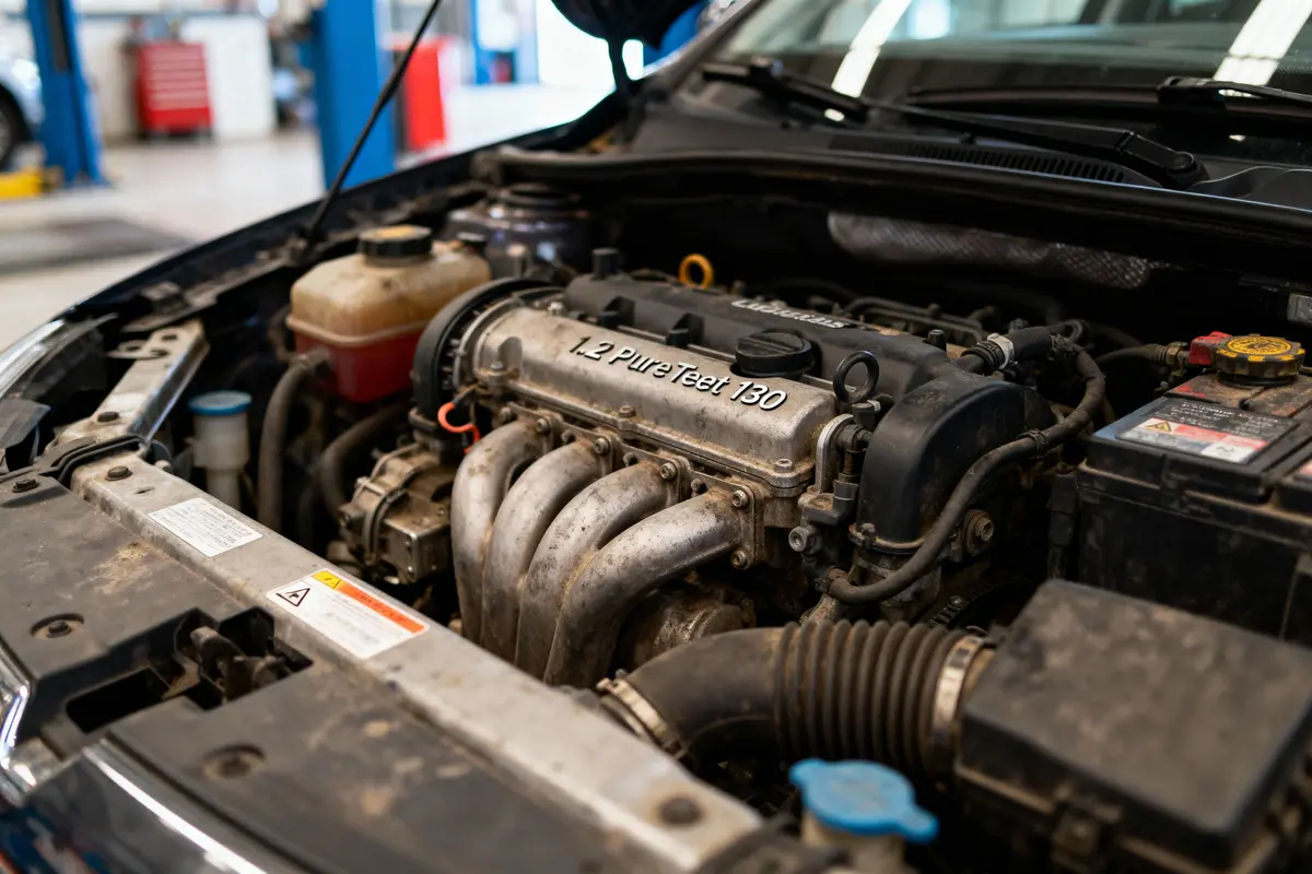 Moteur de voiture 1.2 PureTech 130 dans un atelier mécanique avec équipements environnants.