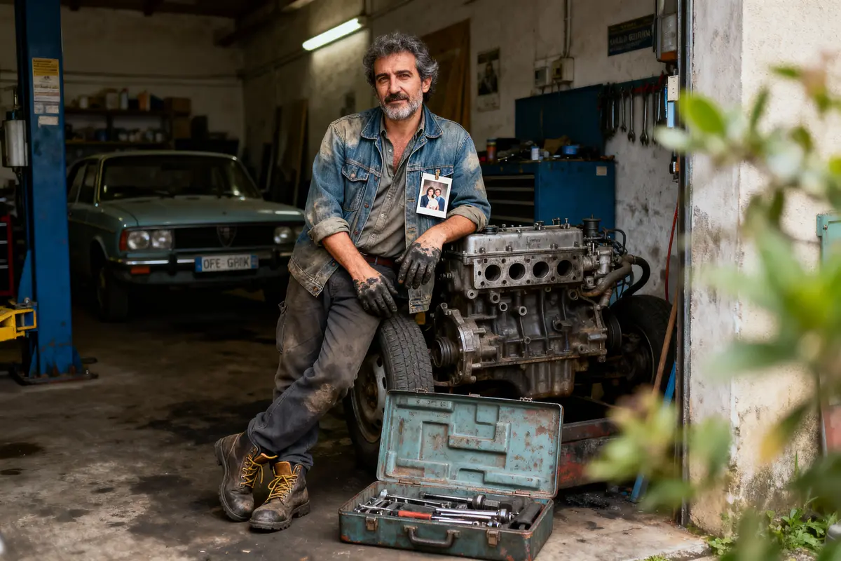 Mécanicien en jean, appuyé sur moteur, outils ouverts, garage ancien avec voiture classique bleue en arrière-plan.