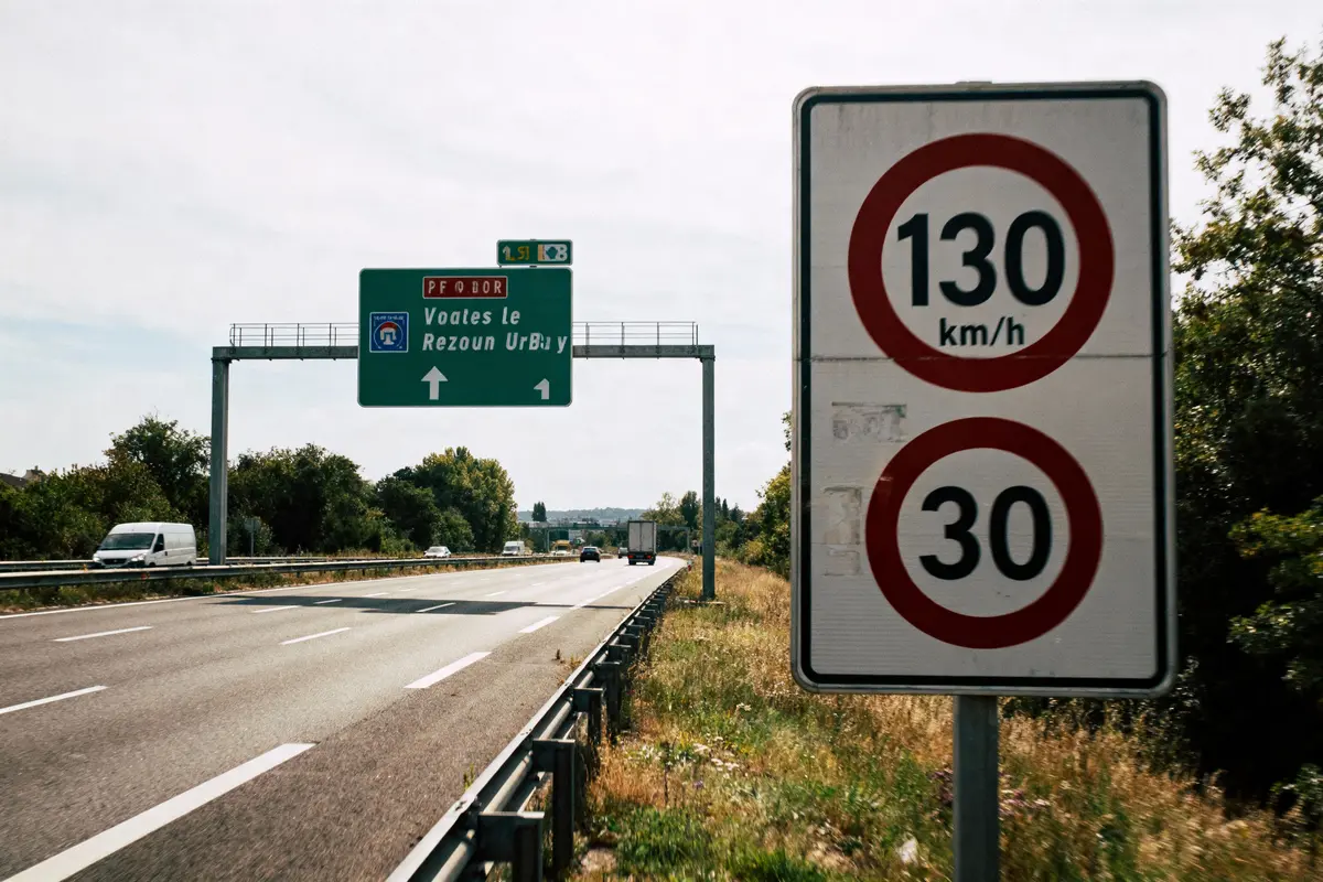 Panneaux de limitation de vitesse sur autoroute, 130 km/h et 30 km/h, avec panneaux directionnels en arrière-plan.