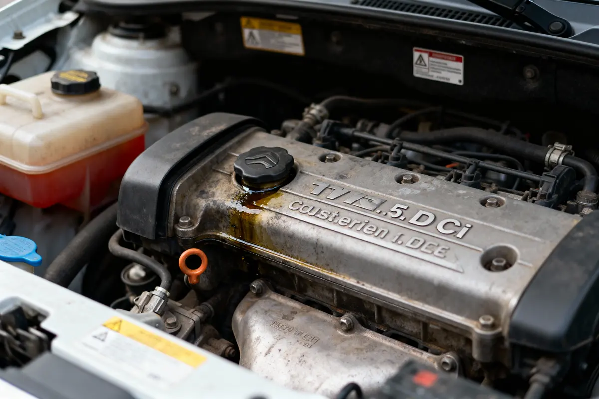 Moteur de voiture avec fuite d'huile visible sur le couvercle, près du réservoir de liquide rouge.