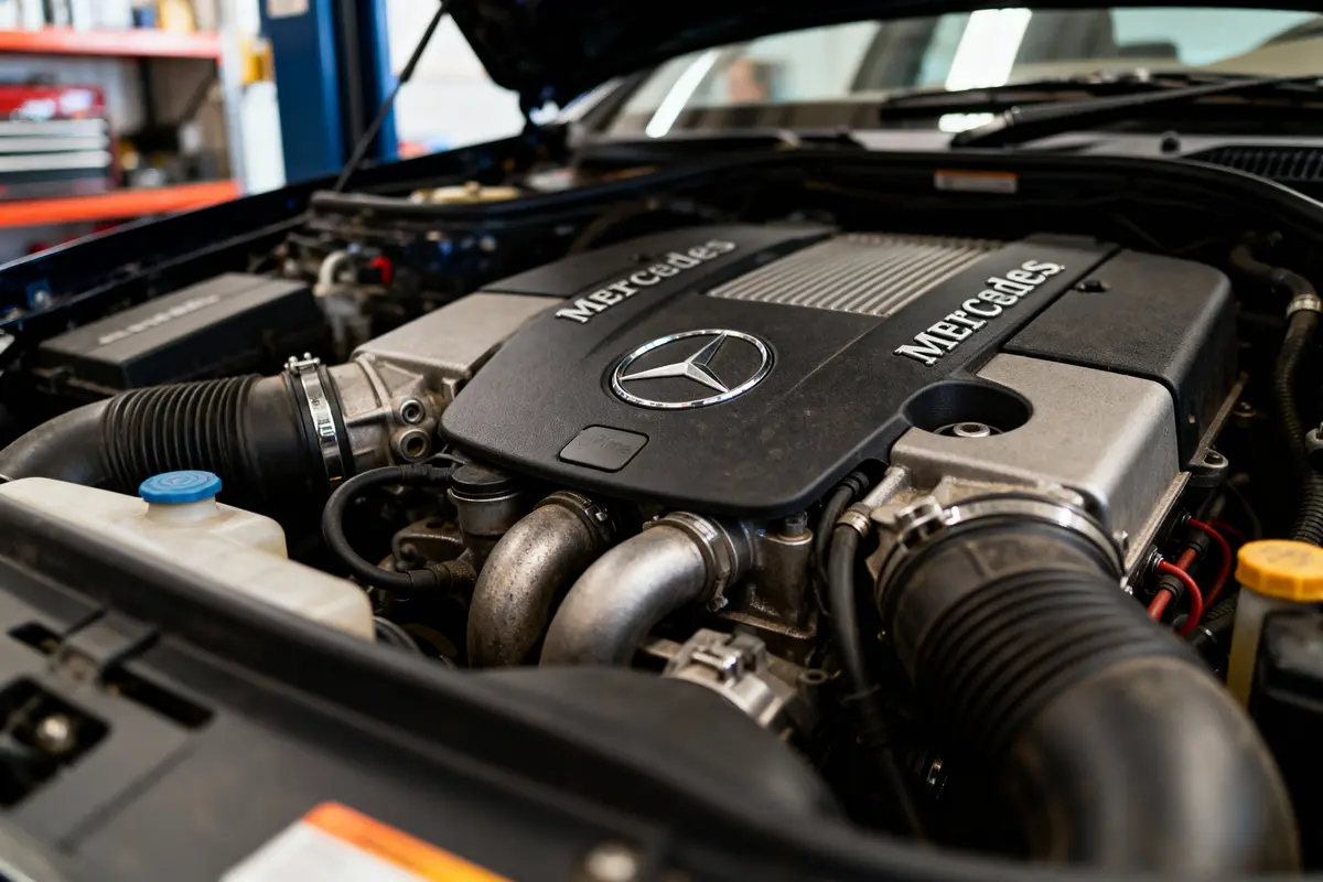 Moteur Mercedes dans un véhicule, capot ouvert, montrant des composants mécaniques et détails du symbole.