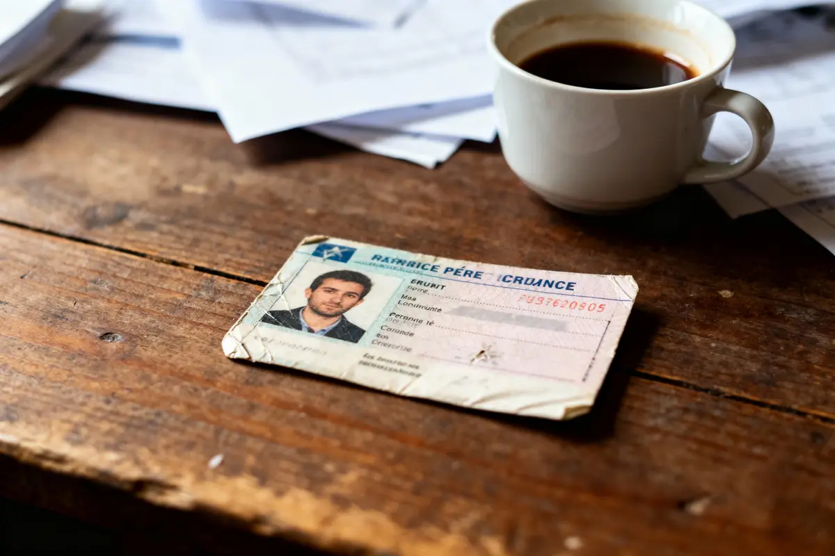 Une carte d'identité sur une table en bois, à côté d'une tasse de café et documents.