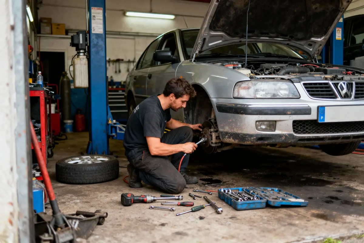 Mécanicien réparant une voiture grise dans un garage, capot ouvert, outils dispersés au sol.