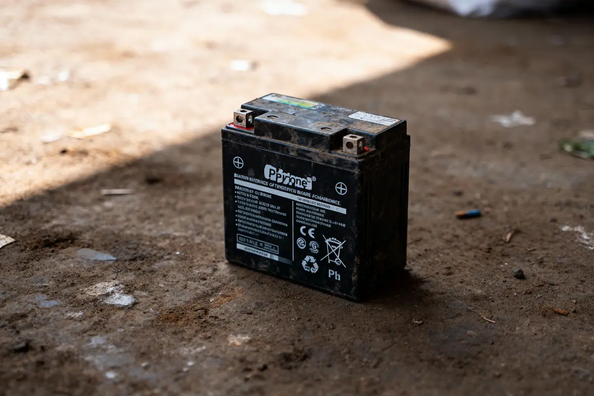 Une batterie usée posée sur le sol, exposée à la lumière, avec terre et débris autour.