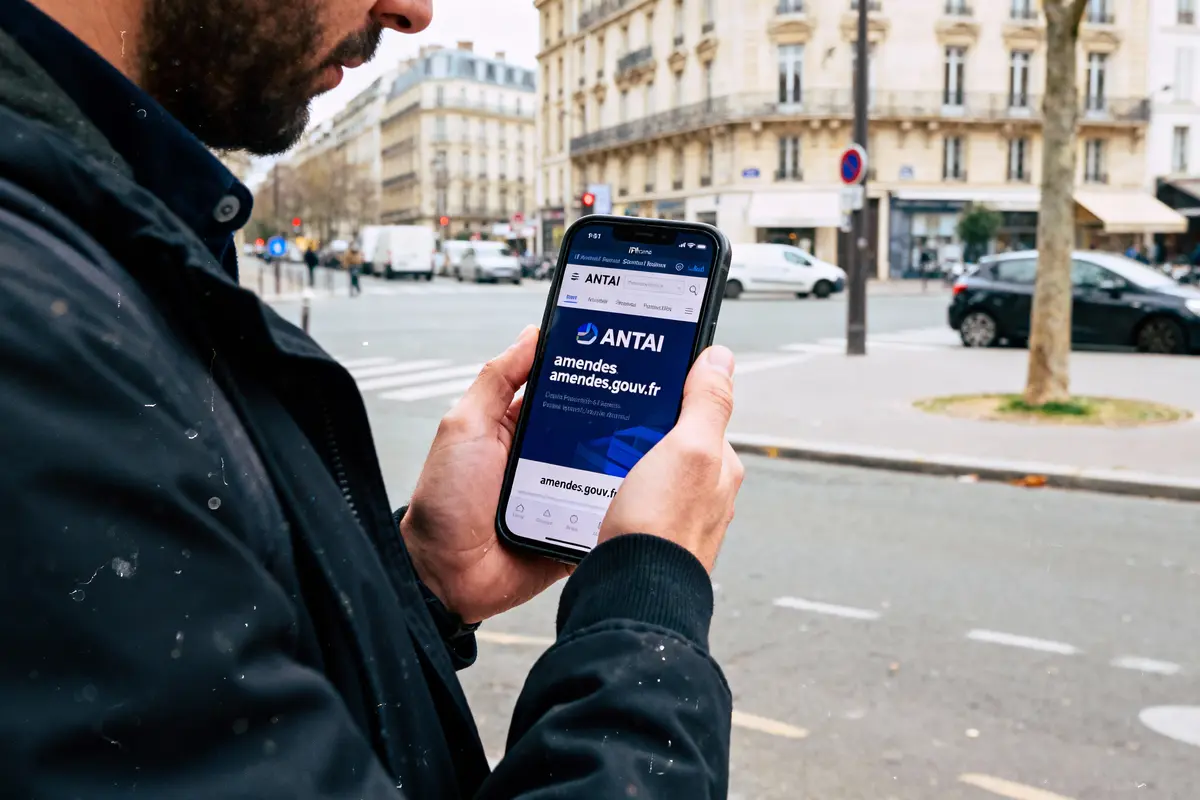 Un homme utilise un smartphone affichant le site ANTAI, rue parisienne animée en arrière-plan.