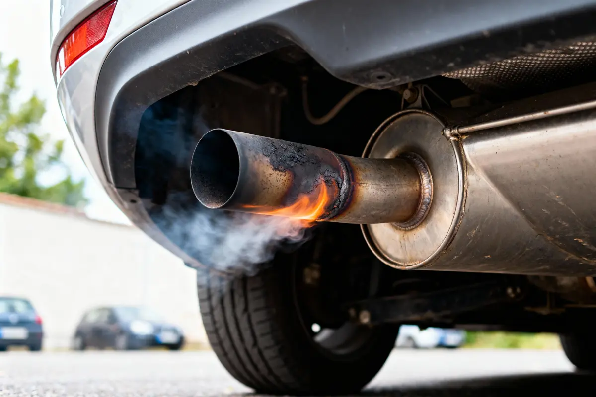 Pot d'échappement de voiture émettant fumée et flamme, vu de l'arrière, sur fond urbain flou.