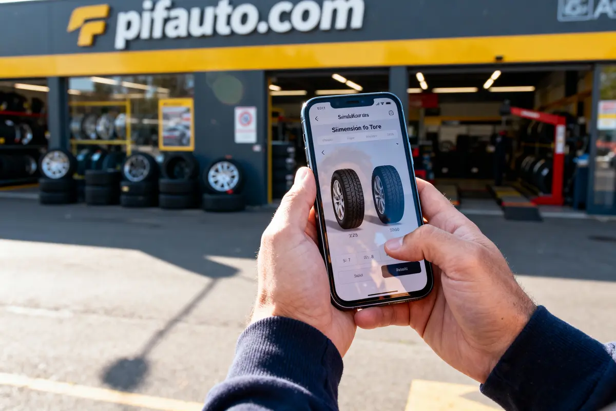 Personne tenant smartphone, comparant pneus devant magasin de pneus et accessoires automobiles, fond jaune et gris.