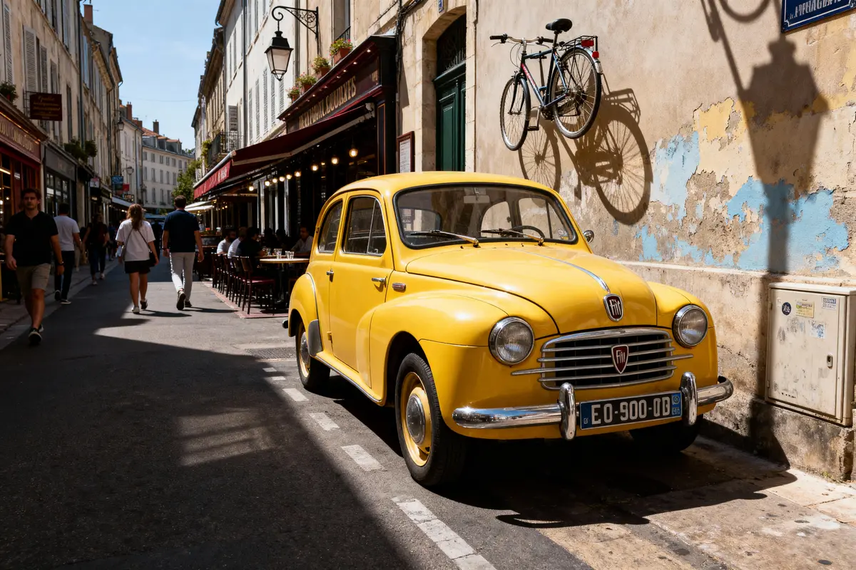 Voiture jaune vintage garée rue parisienne, devant café animé, vélo sur mur, passants décontractés.