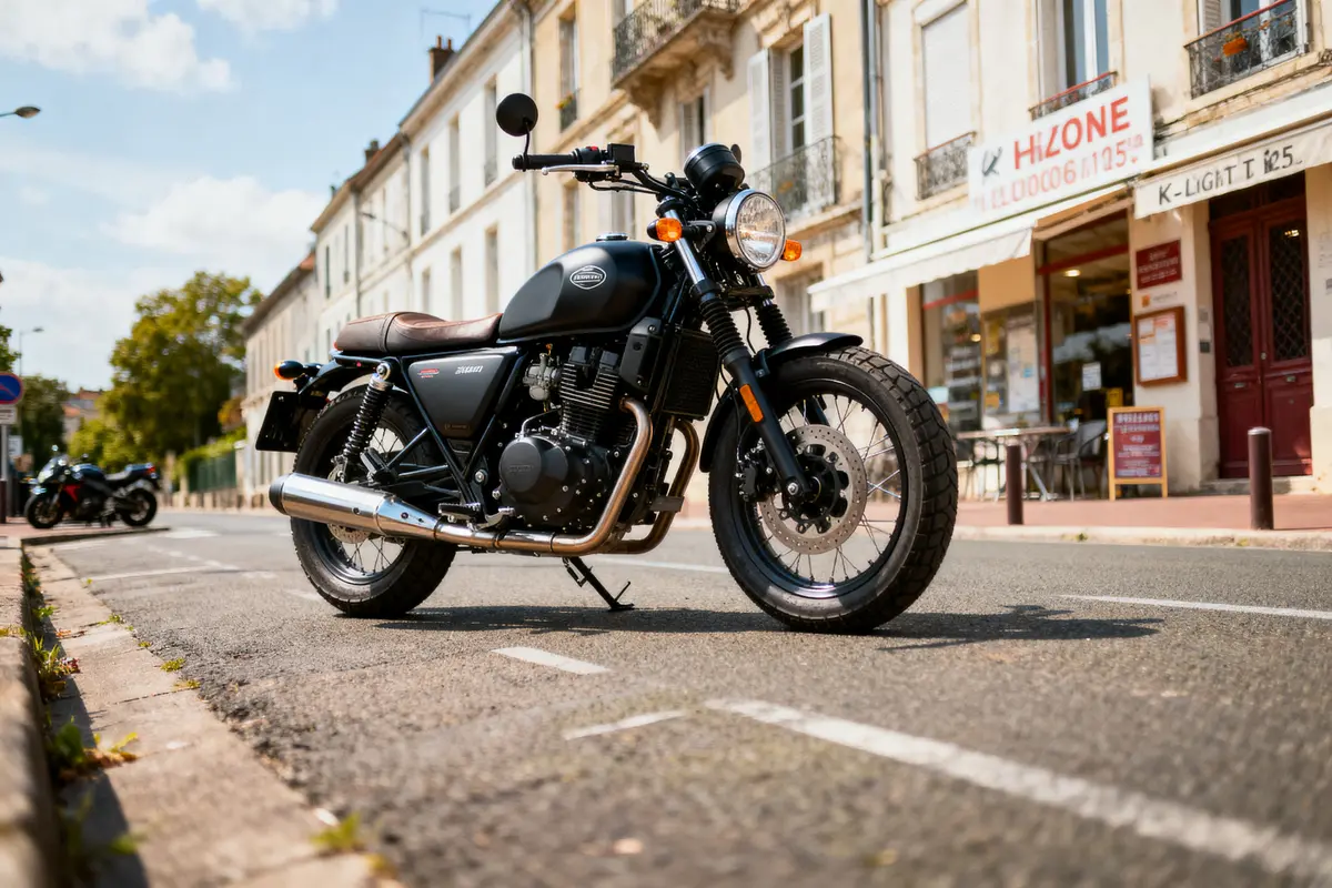 Moto stationnée sur rue pavée devant des bâtiments anciens et commerces français. Journée ensoleillée.