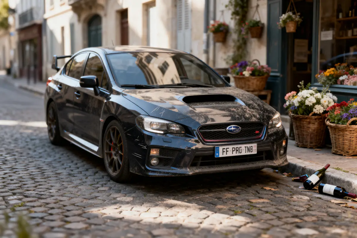 Voiture sportive noire garée sur rue pavée, devant fleuriste, bouteilles de vin renversées au sol.