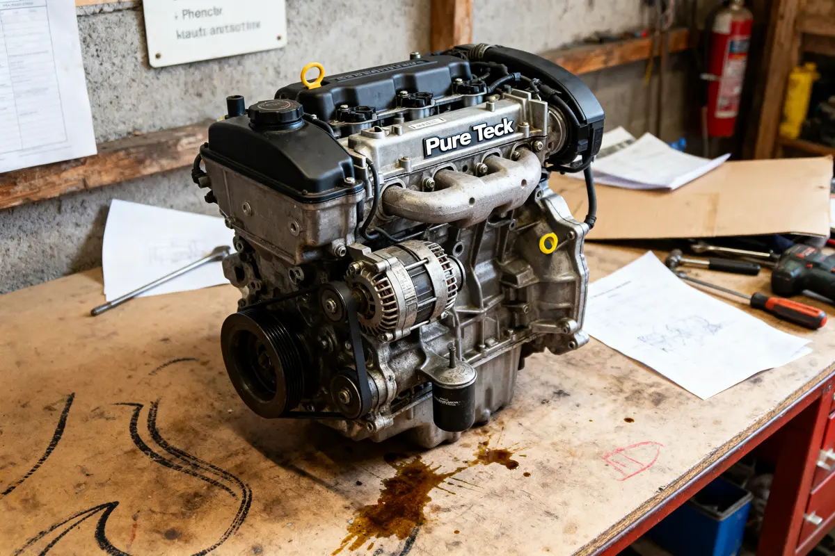 Moteur Pure Teck sur établi, près de documents et outils dans un atelier mécanique.