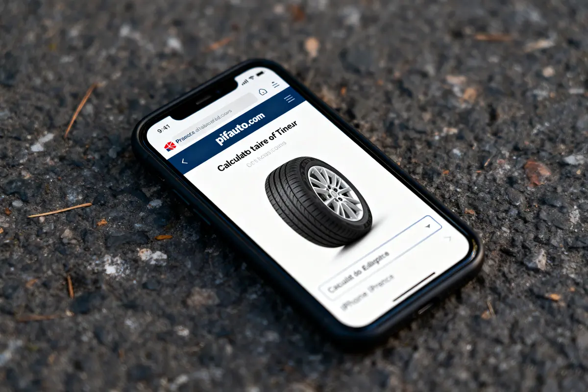Smartphone affichant une page web sur le calcul de taille de pneus, posé sur un sol en asphalte.