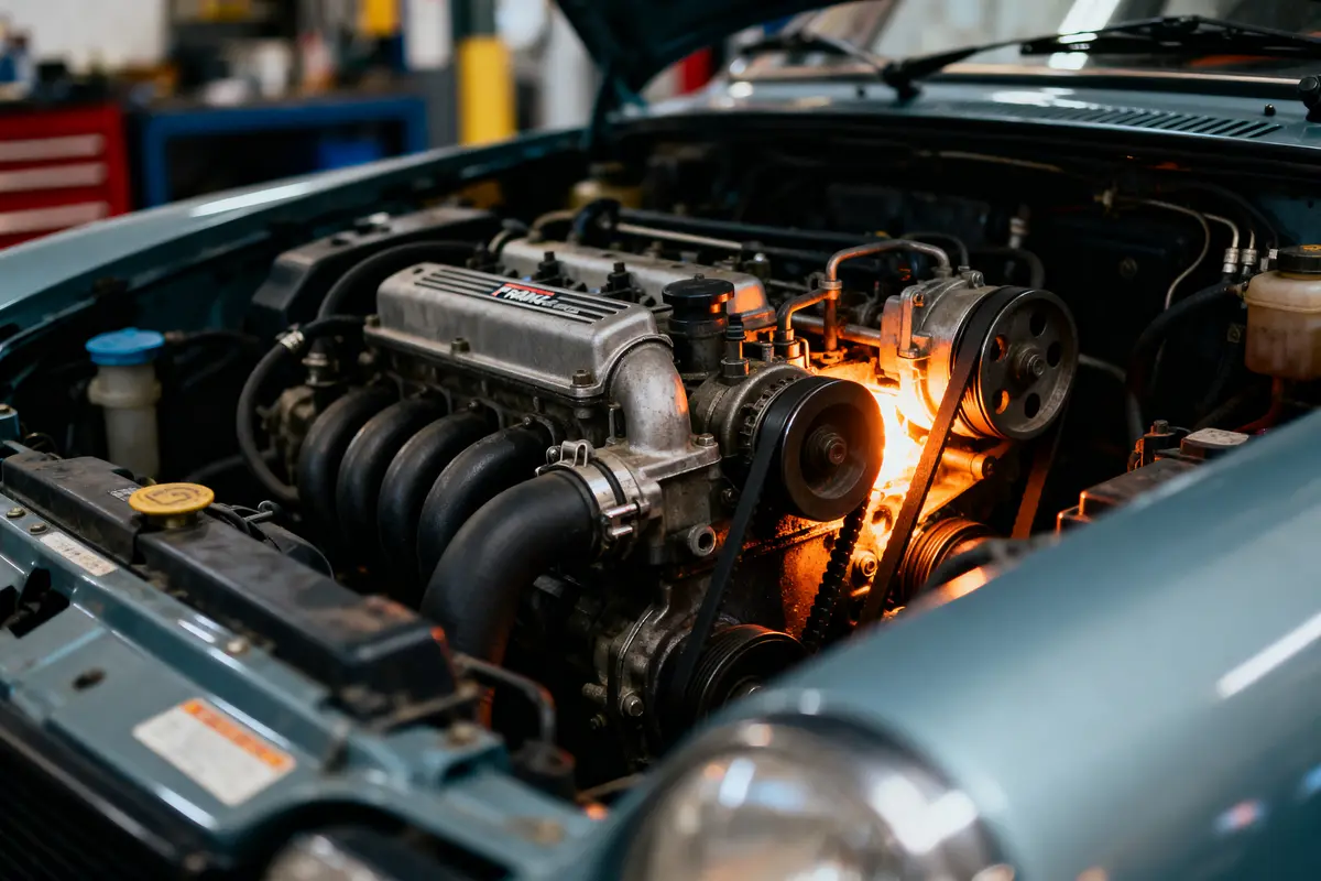 Moteur de voiture en fonctionnement avec lumière brillante dans l'atelier mécanique. Capot ouvert.