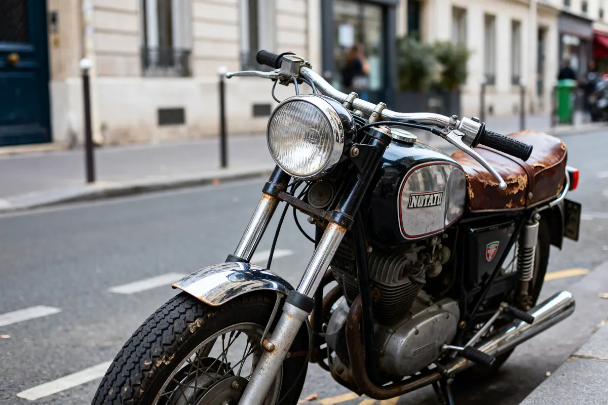 Vieille moto "Notati" garée dans une rue urbaine, avec réservoir rouillé et guidon chromé.
