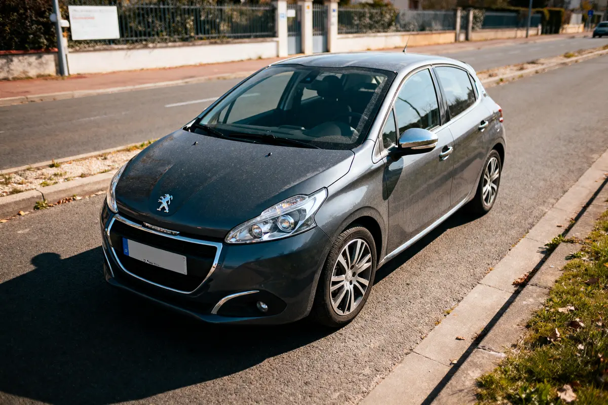 Voiture Peugeot grise garée sur la route ensoleillée, vue de trois-quarts avant.