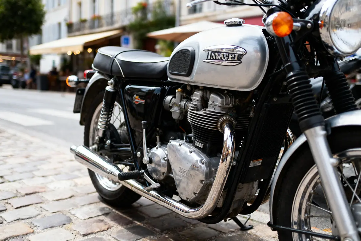 Moto vintage garée sur des pavés en ville, devant des bâtiments et terrasses floues en arrière-plan.