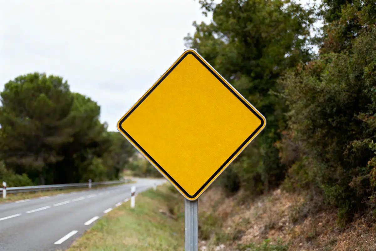 Panneau de signalisation jaune vierge sur route avec arbres en arrière-plan.