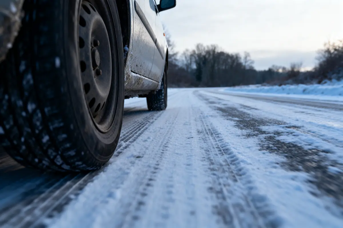 Voiture blanche roulant sur route enneigée et glacée, paysage hivernal en arrière-plan, ciel nuageux.