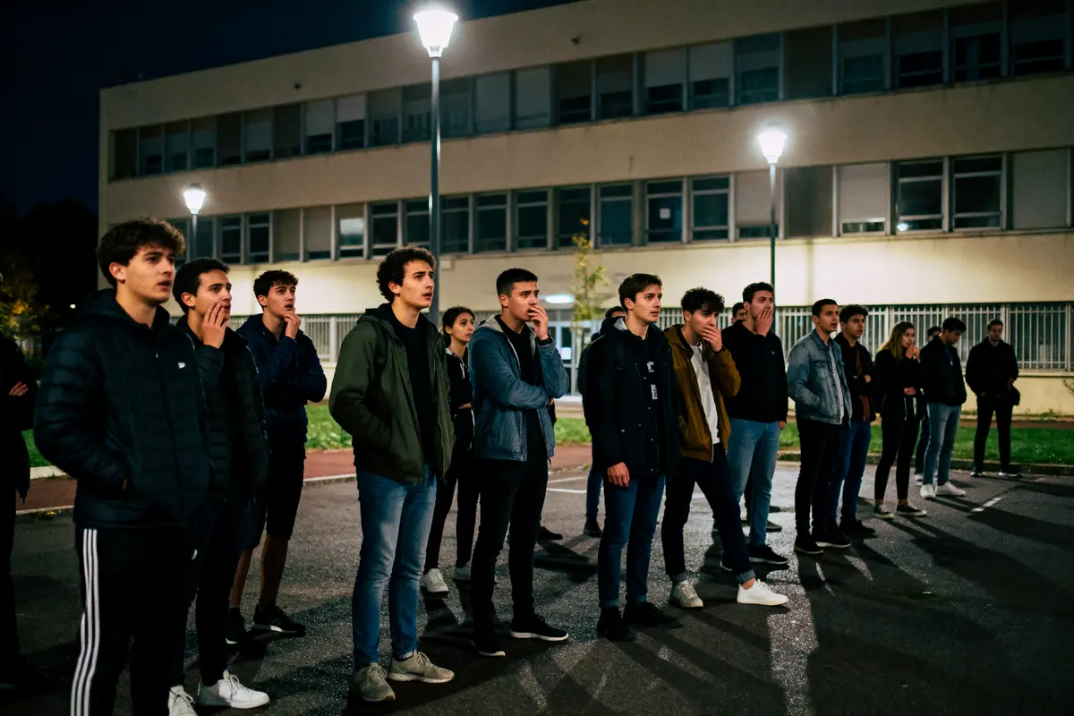 Groupe de jeunes debout dehors la nuit, devant un bâtiment éclairé, attentifs et concentrés.