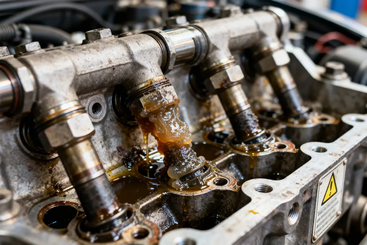 Moteur automobile avec lubrifiant sale, accumulations résineuses et pièces métalliques visibles, montrant besoin de nettoyage.