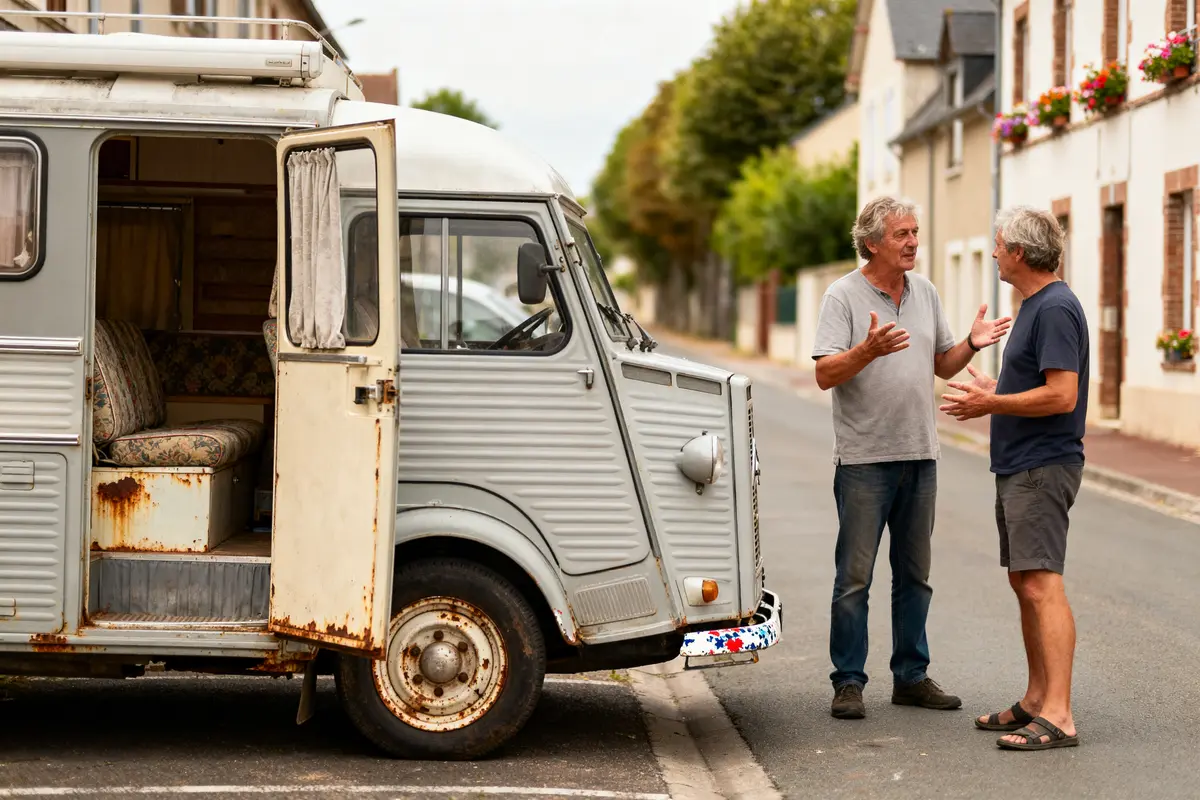 Deux hommes discutent près d'un vieux van gris, sur une rue bordée de maisons.