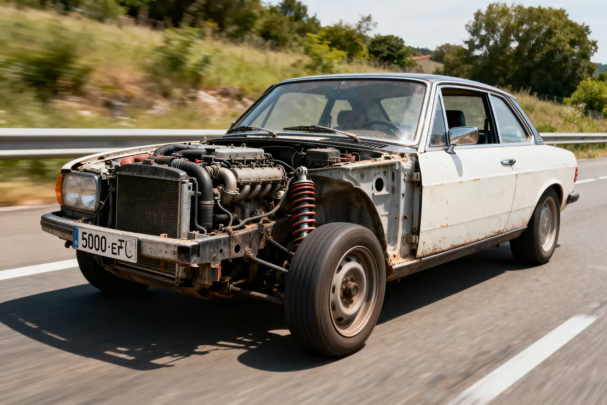 Voiture ancienne blanche avec moteur exposé, conduite sur une route. Végétation floue en arrière-plan.