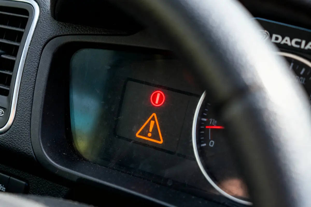 Indicateurs de tableau de bord de voiture avec avertissement rouge et triangle d'avertissement orange allumés.