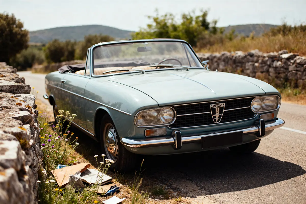 Peugeot 404 Cabriolet bleu garé sur route de campagne avec muret en pierre