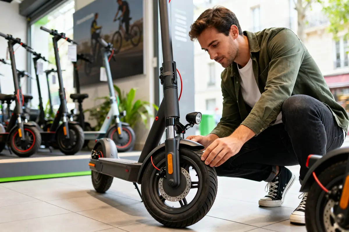 Homme examinant une trottinette électrique en magasin pour savoir comment choisir trottinette électrique