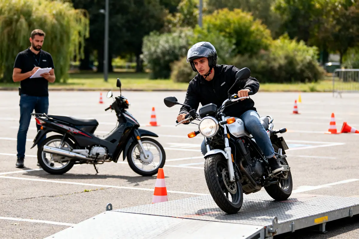Homme sur moto passant test d'habileté soulignant la difficulté permis moto en examen pratique