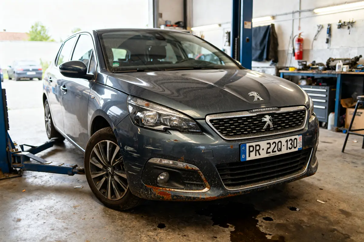 Peugeot 308 dans un garage illustrant la durée de vie d’un moteur 1.2 PureTech 130