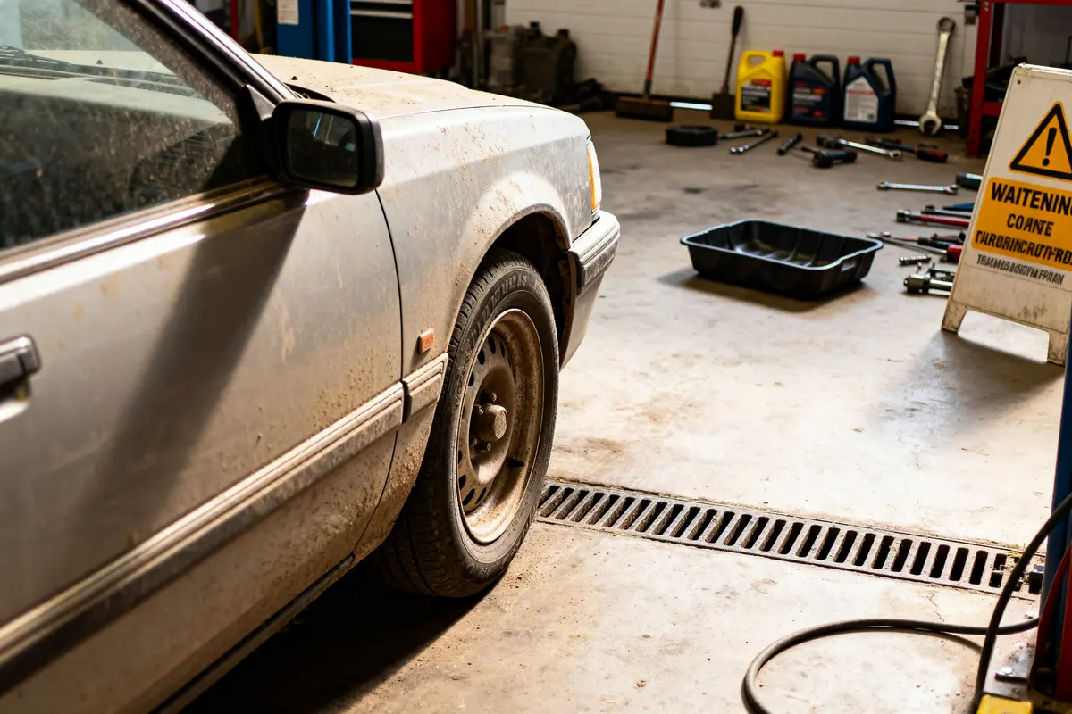 Voiture sale dans un garage avec outils pour déterminer la fréquence pour la vidange d'une voiture qui roule peu