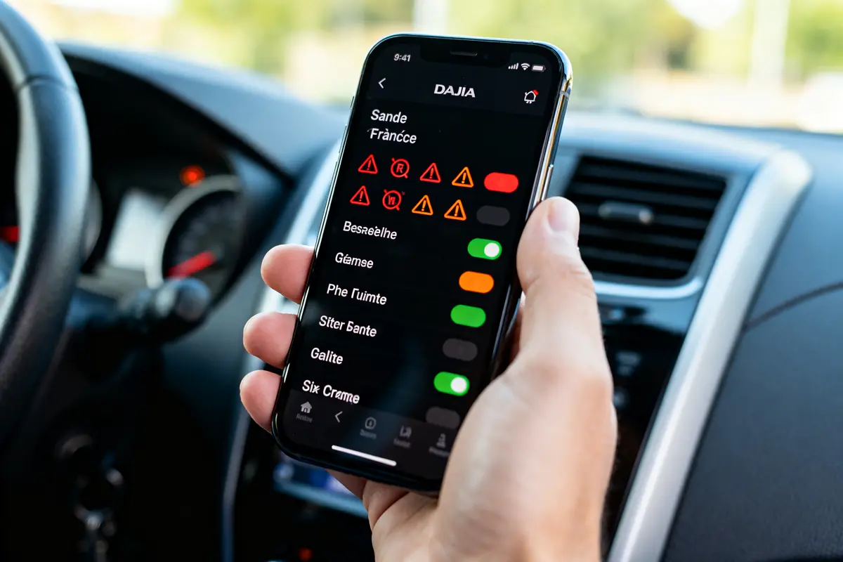 Personne utilisant une application pour vérifier la liste voyant Dacia Sandero sur smartphone.