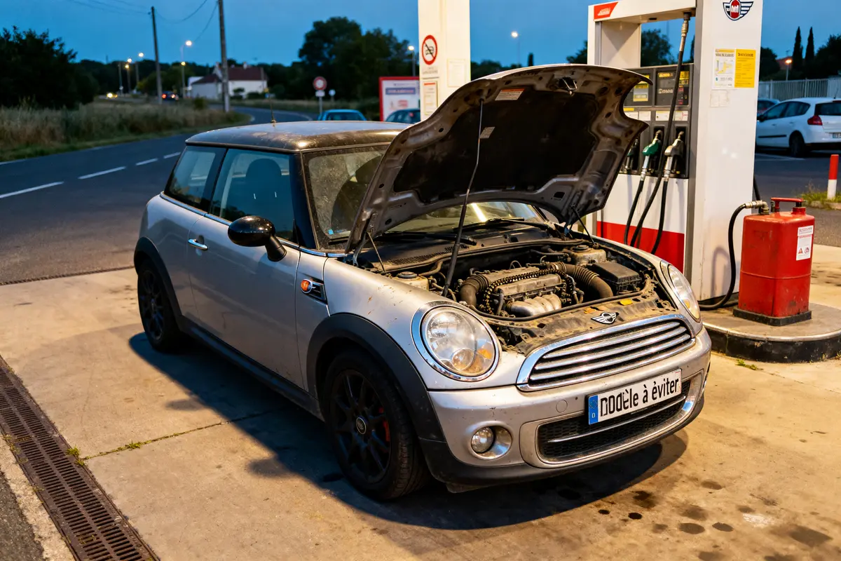 Mini Cooper grise avec capot ouvert stationnée, modèle de Mini Cooper à éviter