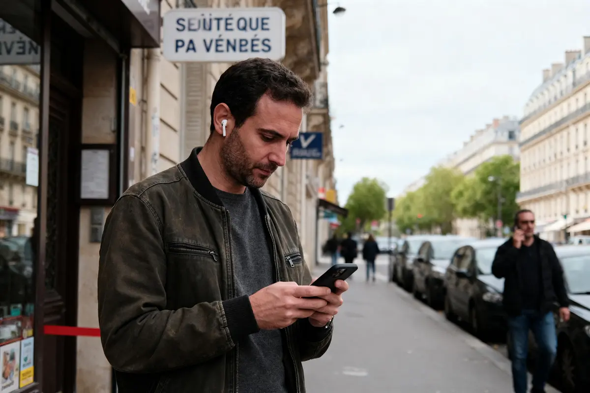 Un homme avec écouteurs utilisant sct.myfines.eu sur smartphone dans la rue parisienne