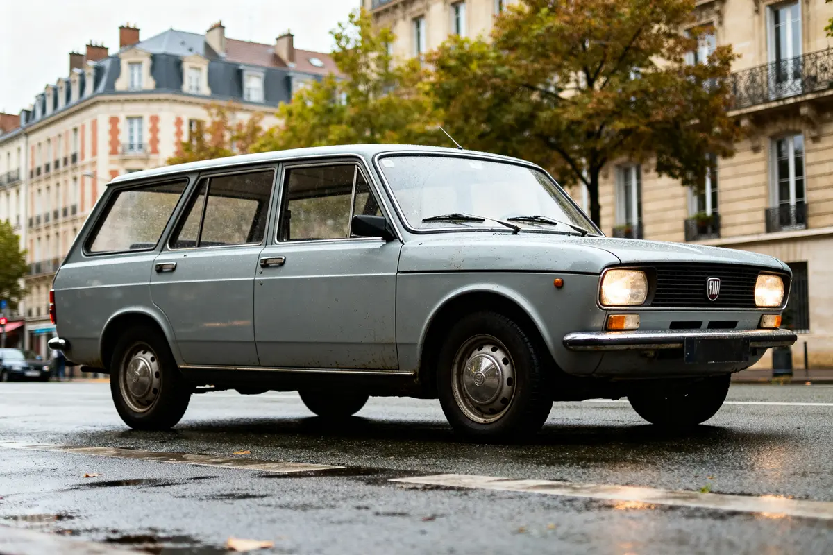 Fiat 128 Station Wagon gris garé sur rue urbaine avec bâtiments en arrière-plan