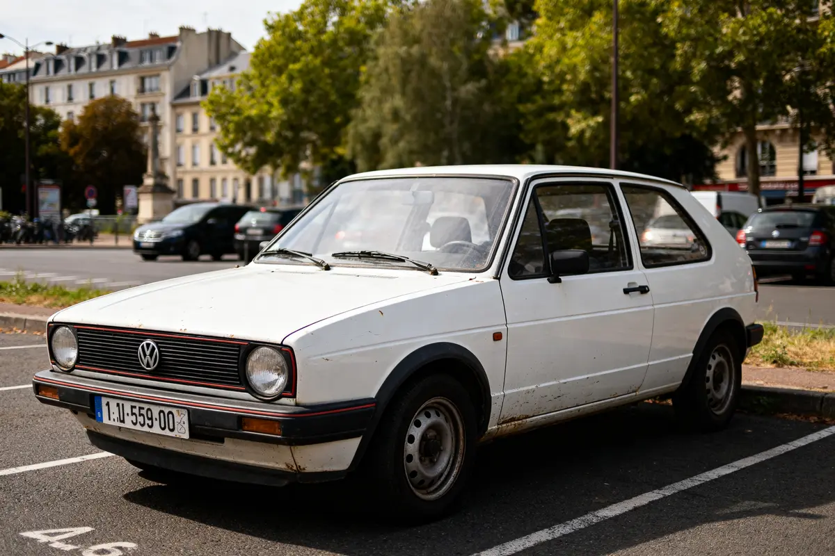 Voiture ancienne Golf 1 1 1 blanche stationnée en ville sous des arbres verts