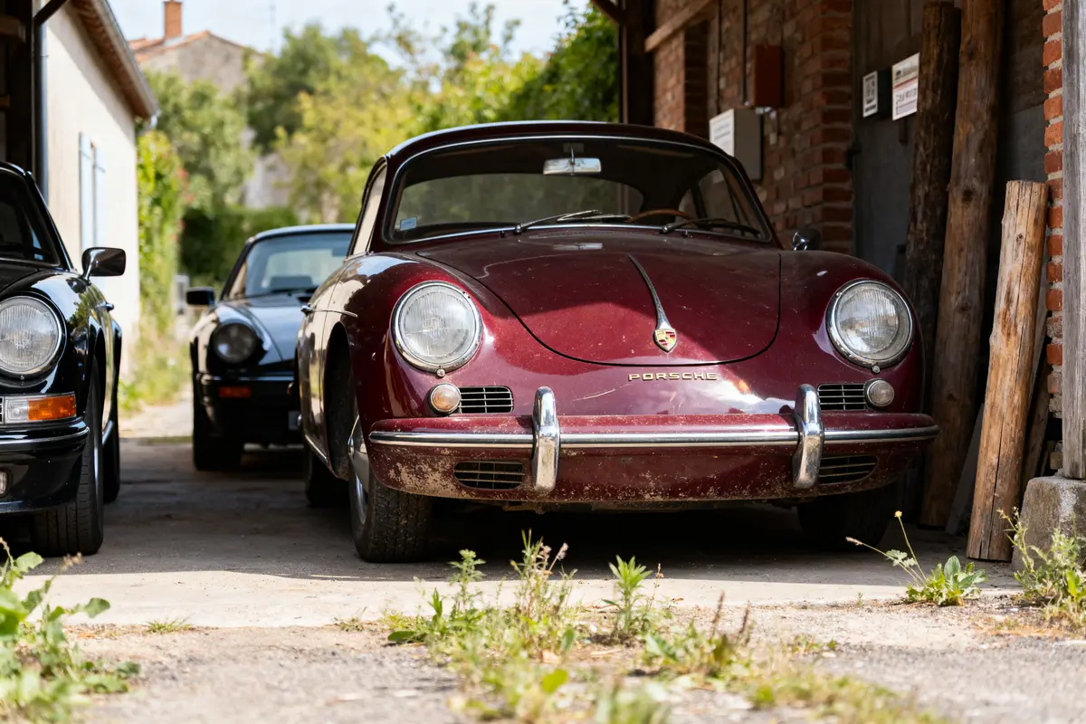 Vieilles Porsche anciennes garées ensemble dans une allée près d’un bâtiment en briques