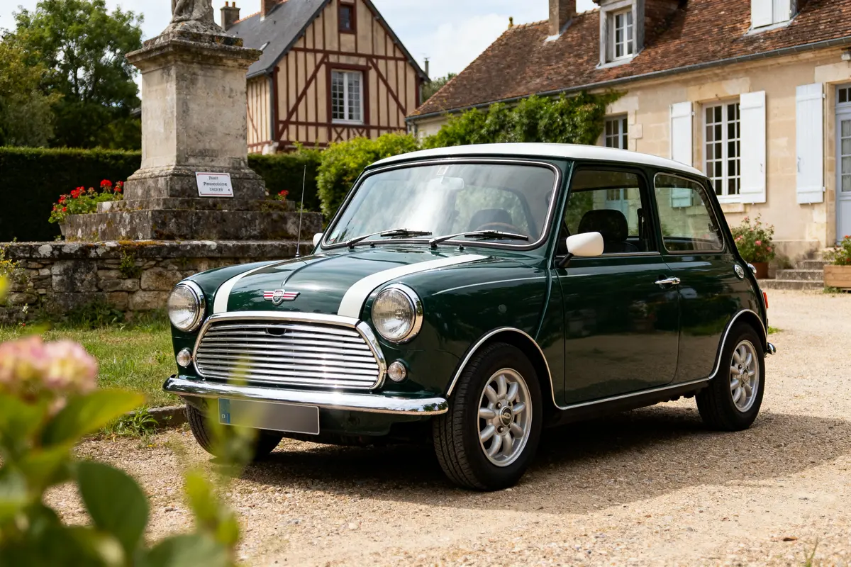 Austin Mini verte classique devant une maison à colombages et un monument en pierre