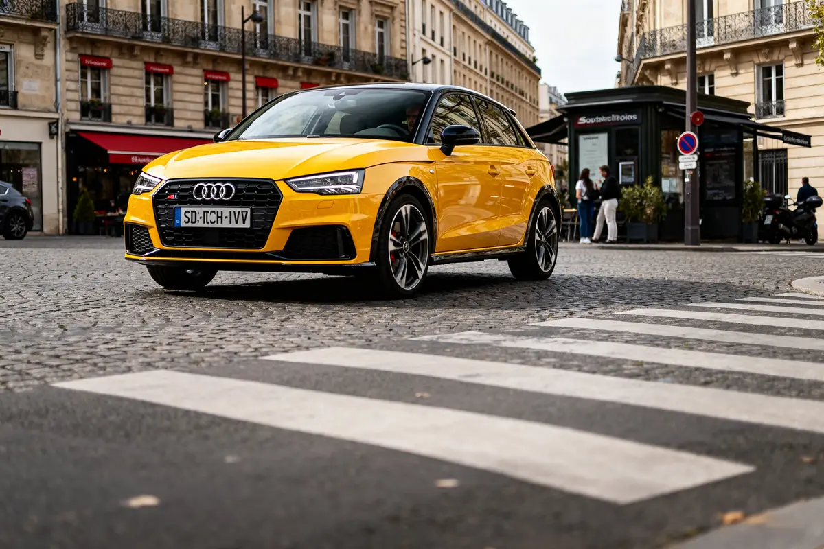 Voiture automatique Audi A1 jaune en ville, traversant un passage piéton urbain élégant
