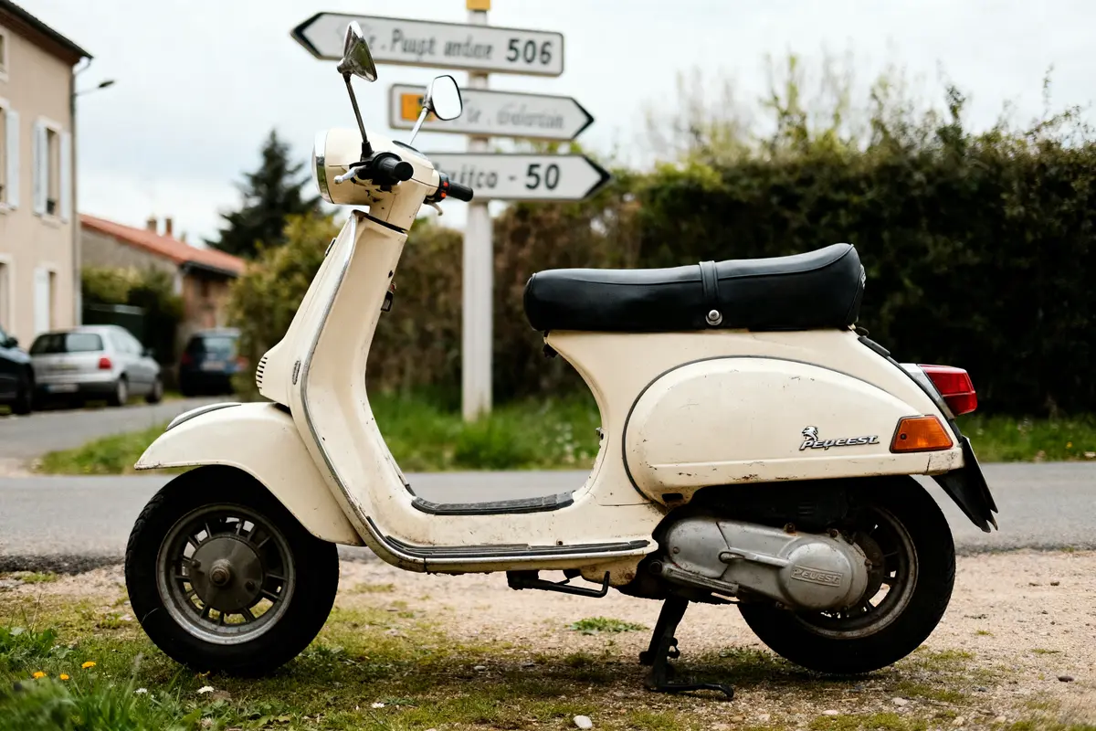 Scooter Peugeot 50CC blanc garé en forêt avec panneaux routiers en arrière-plan