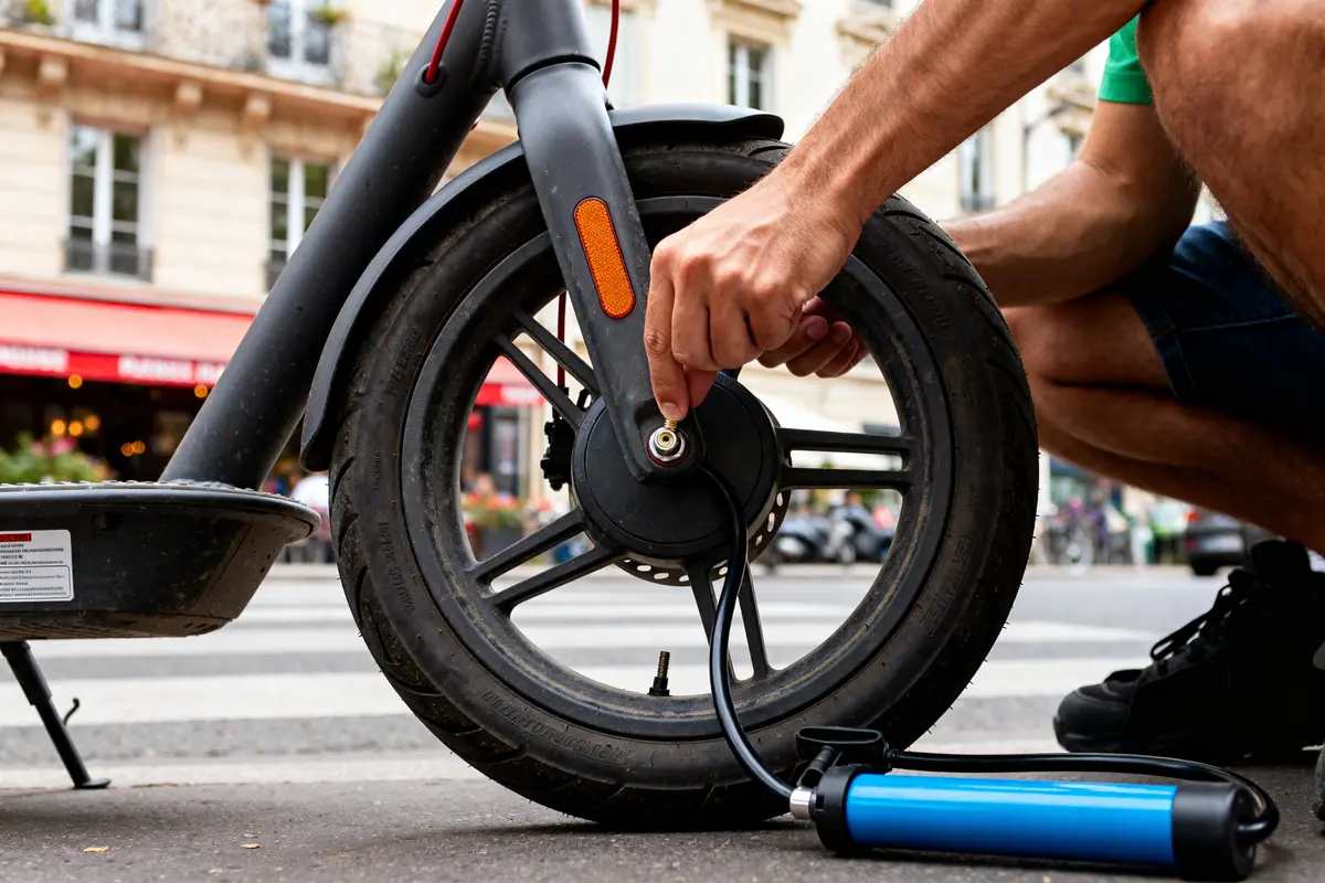 Gonflage d'un pneu de trottinette électrique avec pompe sur rue parisienne